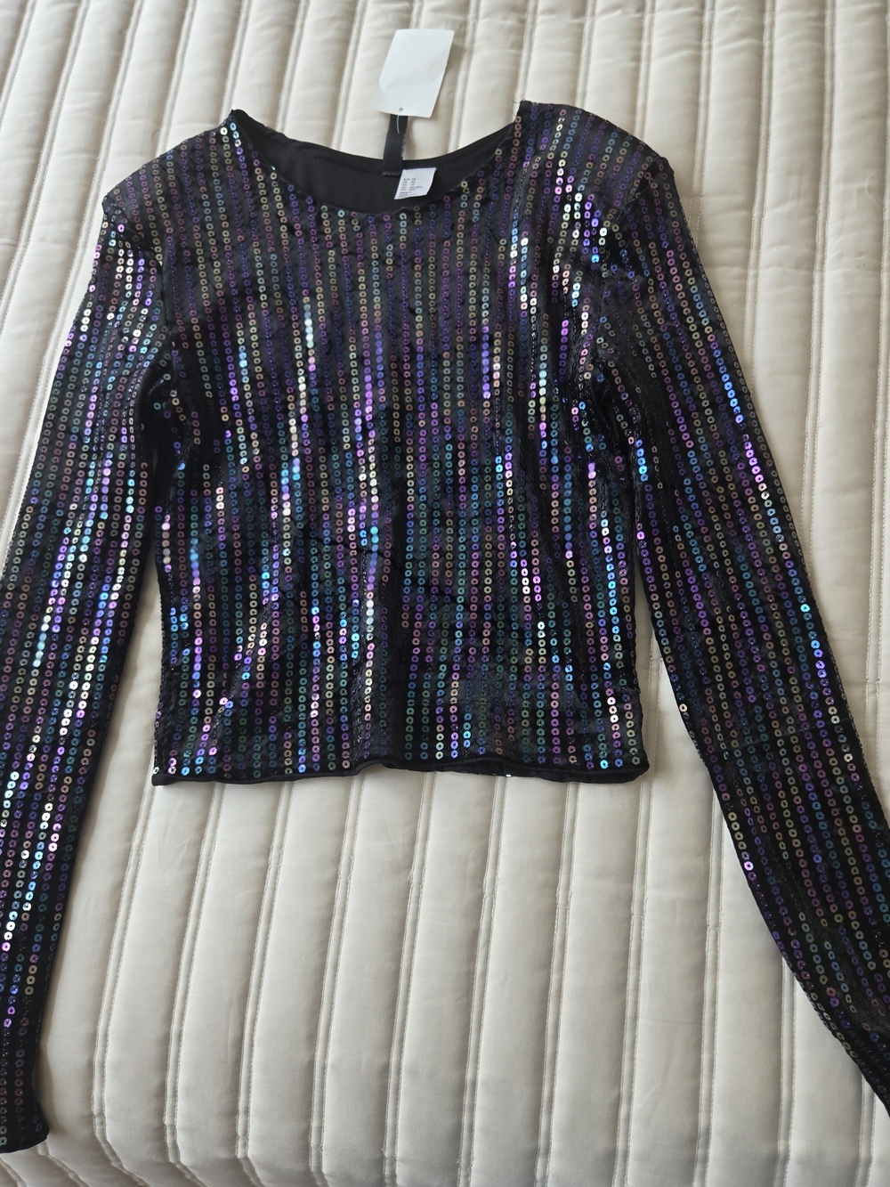 H&M Black Iridescent Sequin Long Sleeve Crop Top